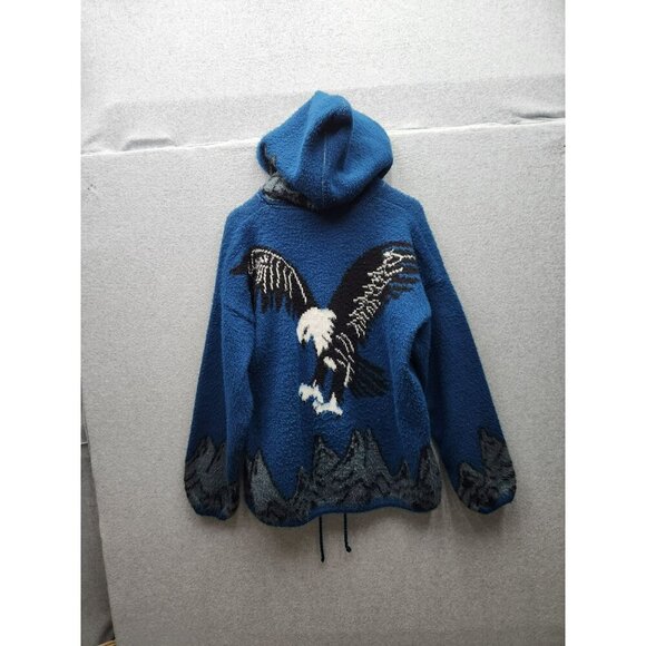 Handcrafted Blue Wool Blend Zip-Up Hoodie With Eagle Design Drawstring Hem - Picture 6 of 7